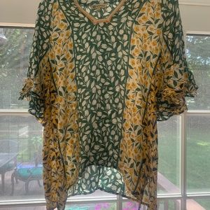Anthro Flounce Sleeve V-Neck Printed Top EUC